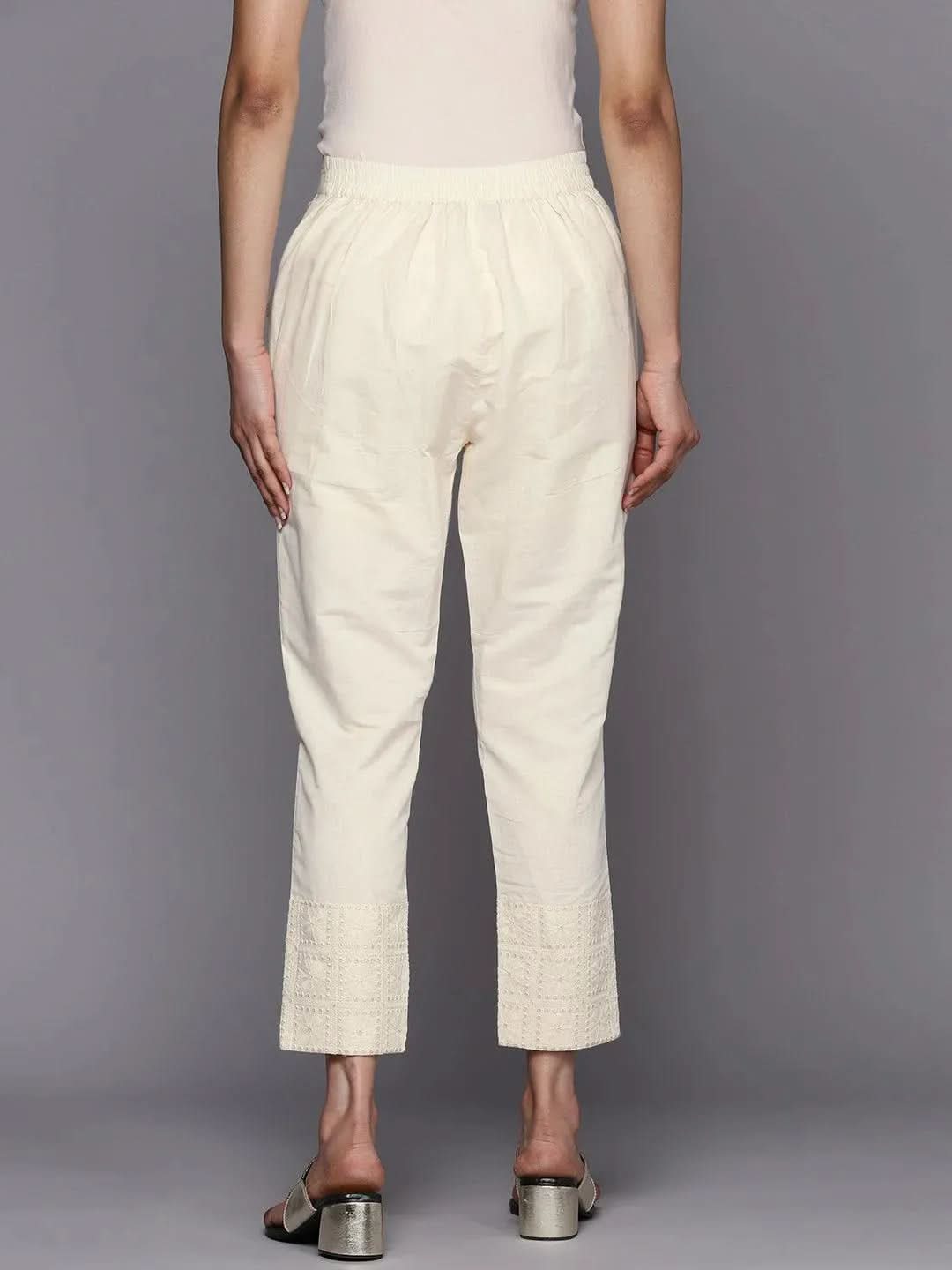 Libas Off White Solid Cotton Trousers