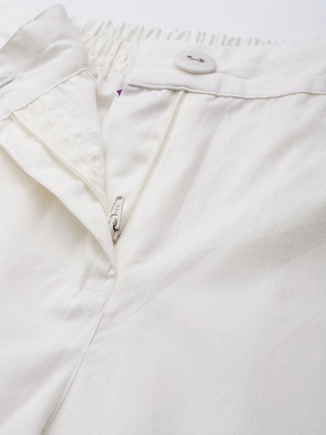 Libas Off White Solid Cotton Trousers