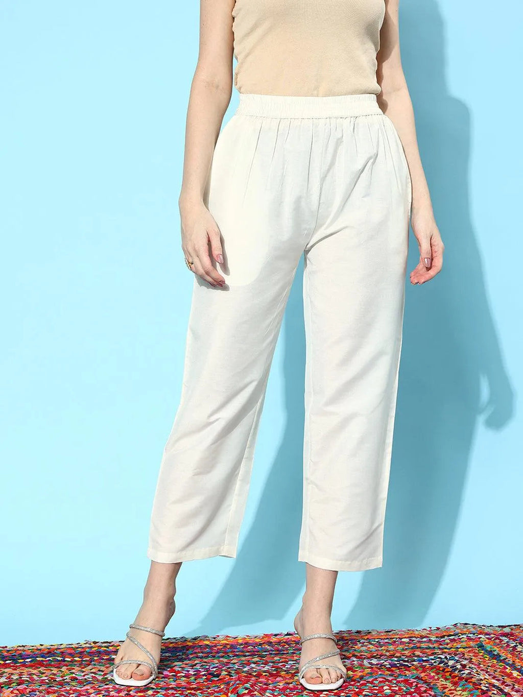 Libas Off White Solid Silk Trousers