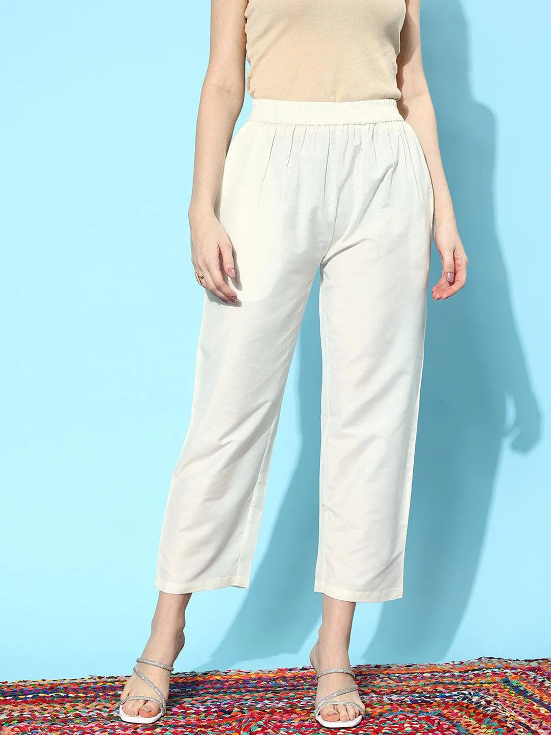 Libas Off White Solid Silk Trousers
