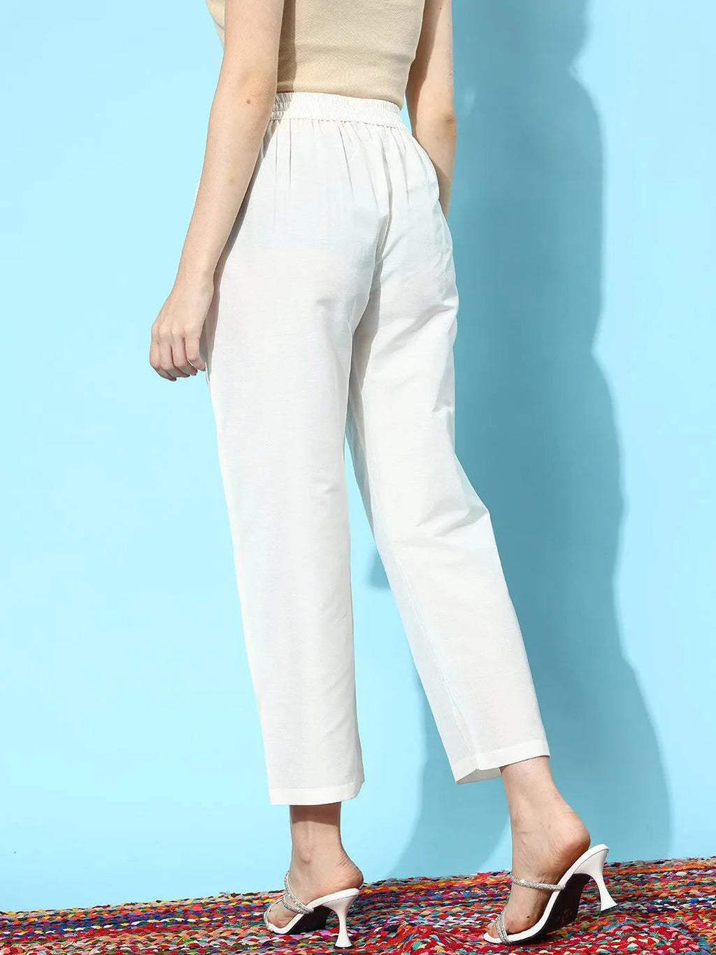 Libas Off White Solid Silk Trousers