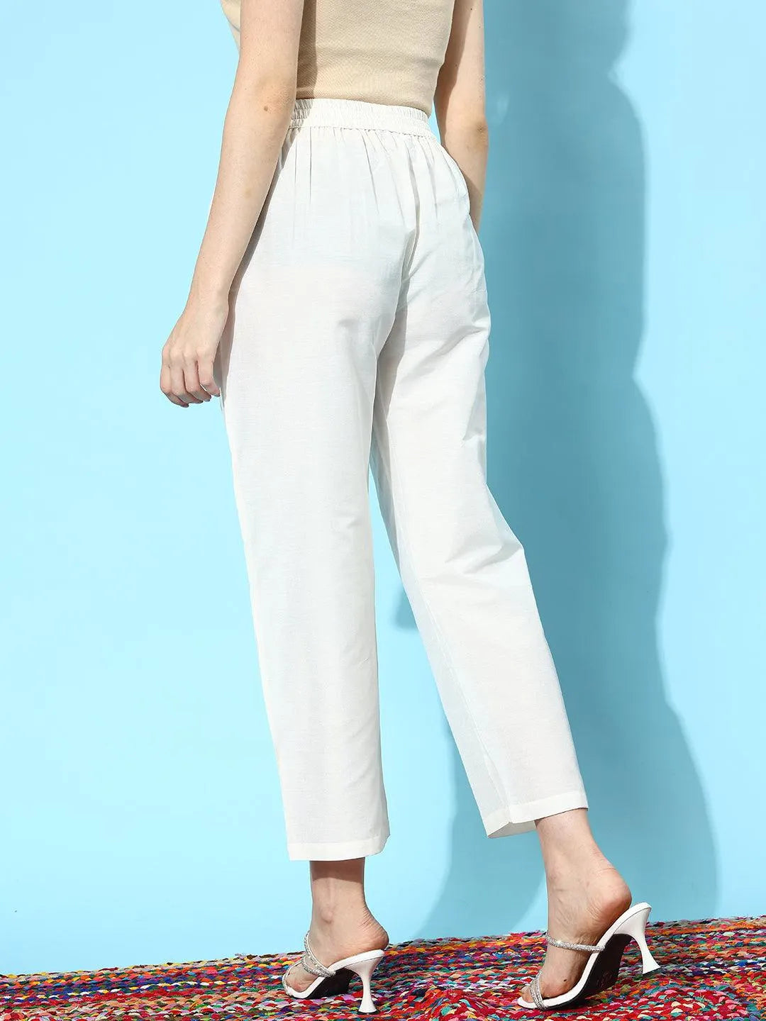 Libas Off White Solid Silk Trousers