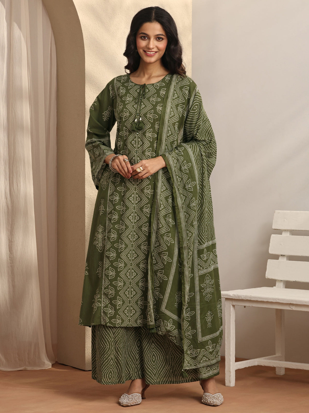 Libas Olive Printed Cotton Straight Suit Set With Dupatta