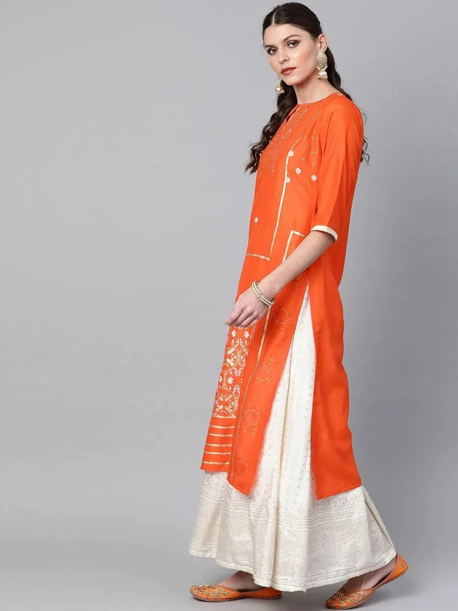 Libas Orange Printed Chanderi Kurta