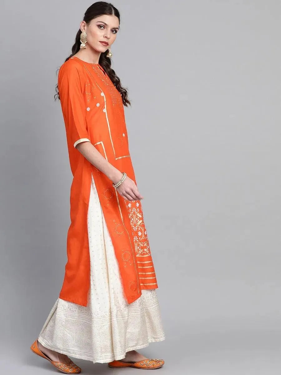 Libas Orange Printed Chanderi Kurta