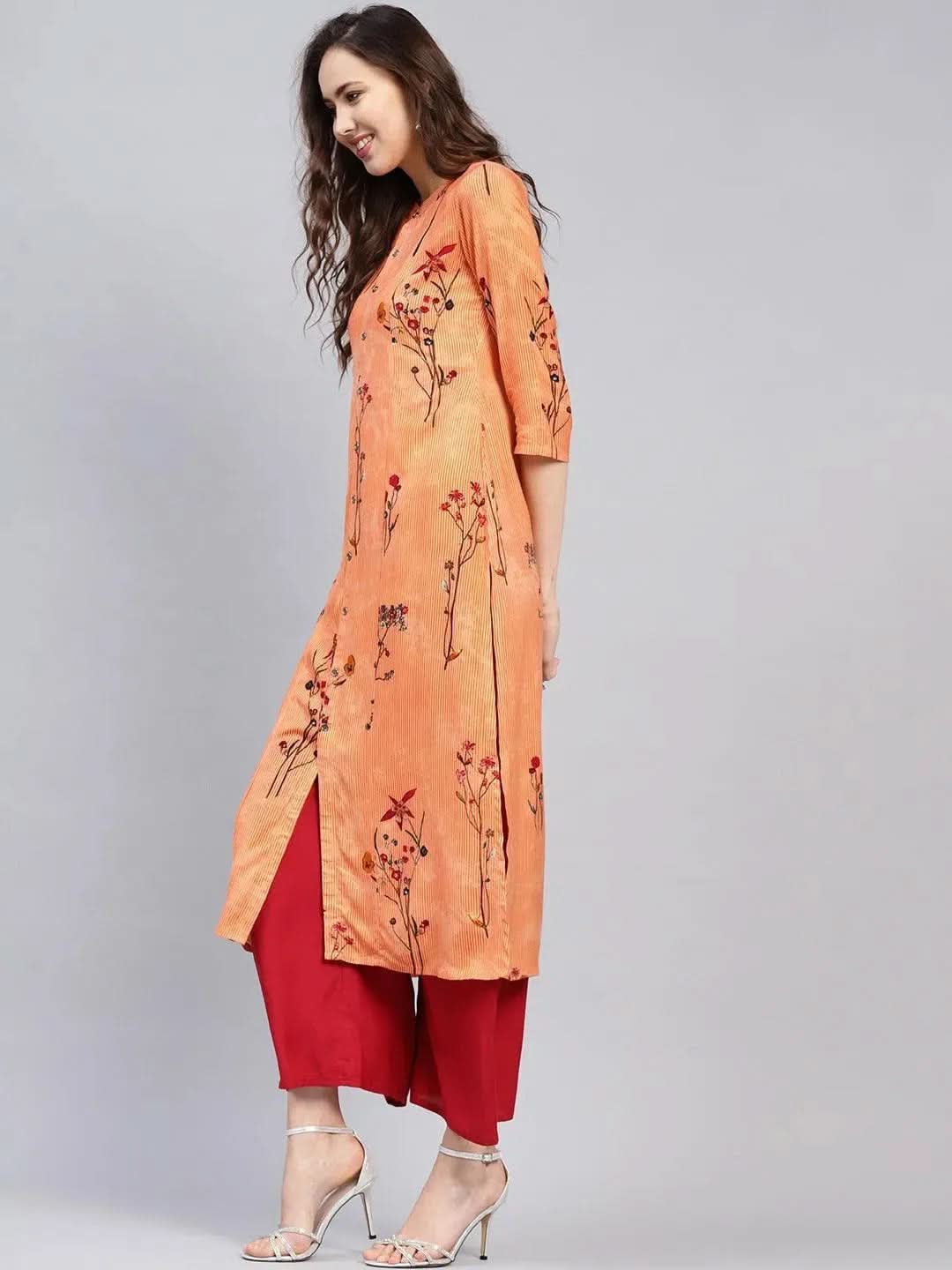 Libas Orange Printed Rayon Kurta