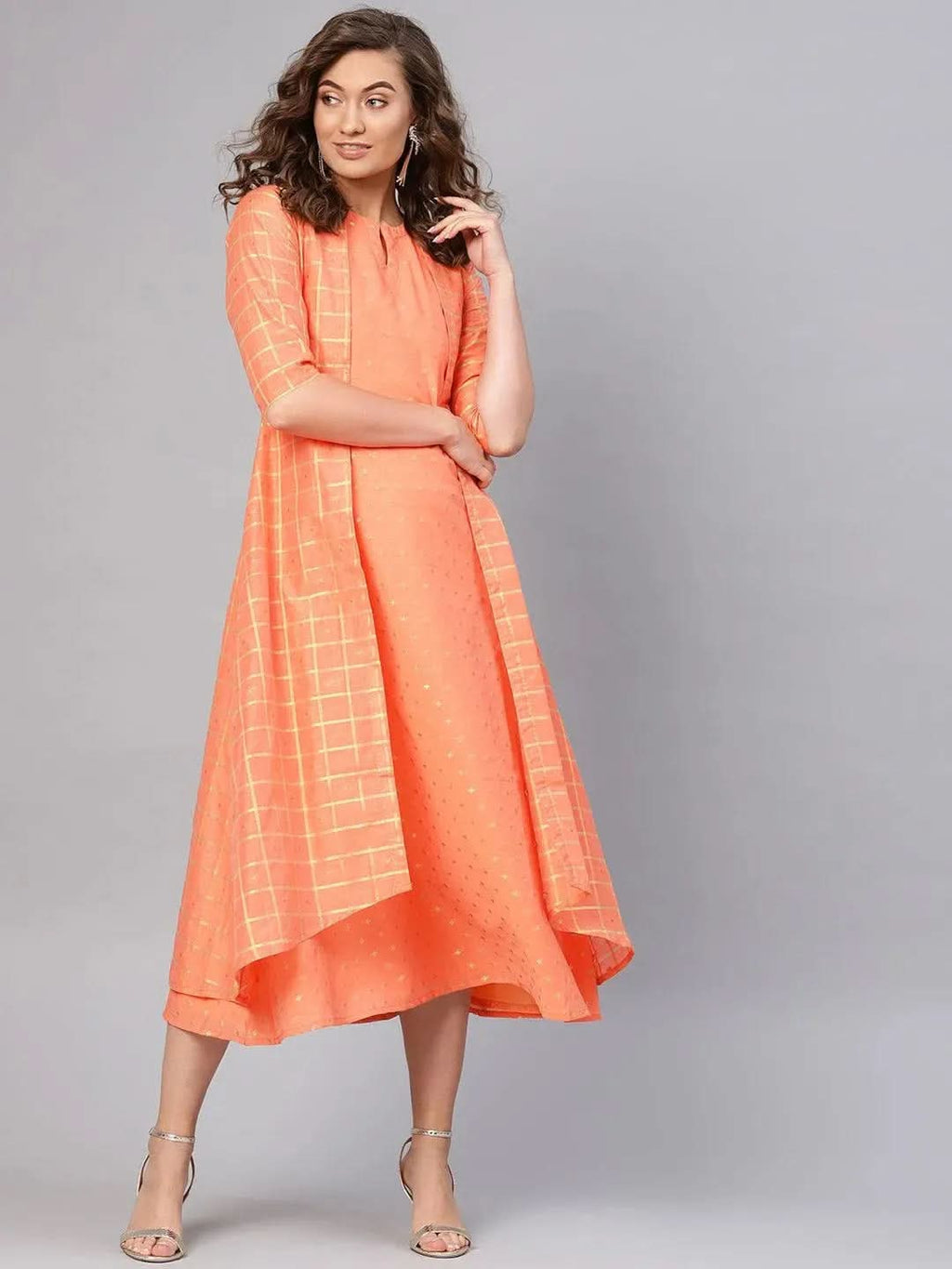 Libas Orange Self Design Chanderi Dress With Jacket