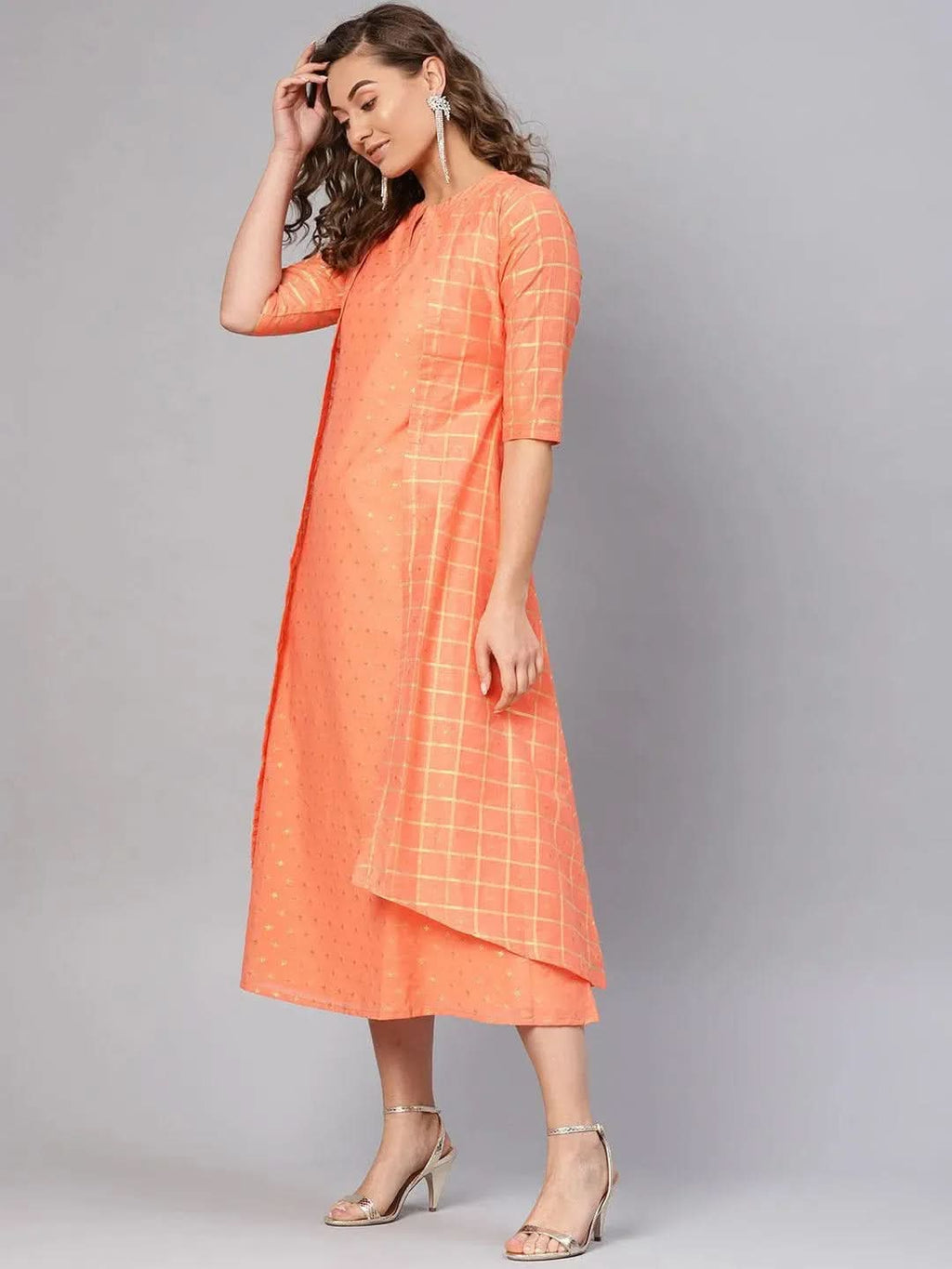 Libas Orange Self Design Chanderi Dress With Jacket