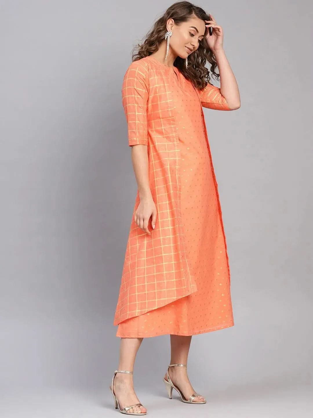 Libas Orange Self Design Chanderi Dress With Jacket
