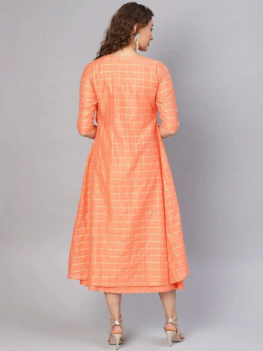 Libas Orange Self Design Chanderi Dress With Jacket