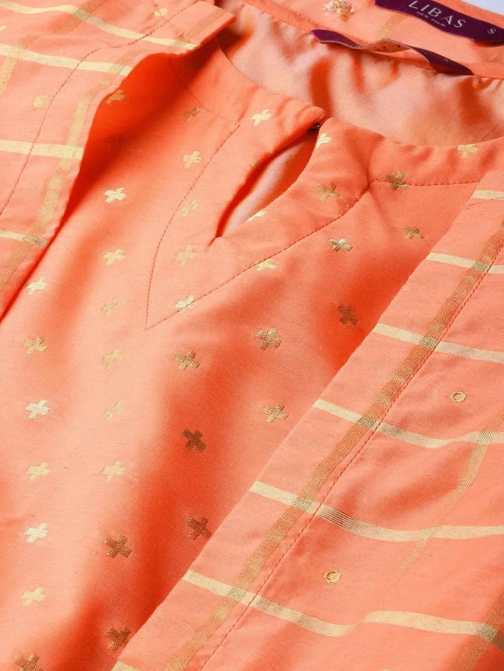 Libas Orange Self Design Chanderi Dress With Jacket