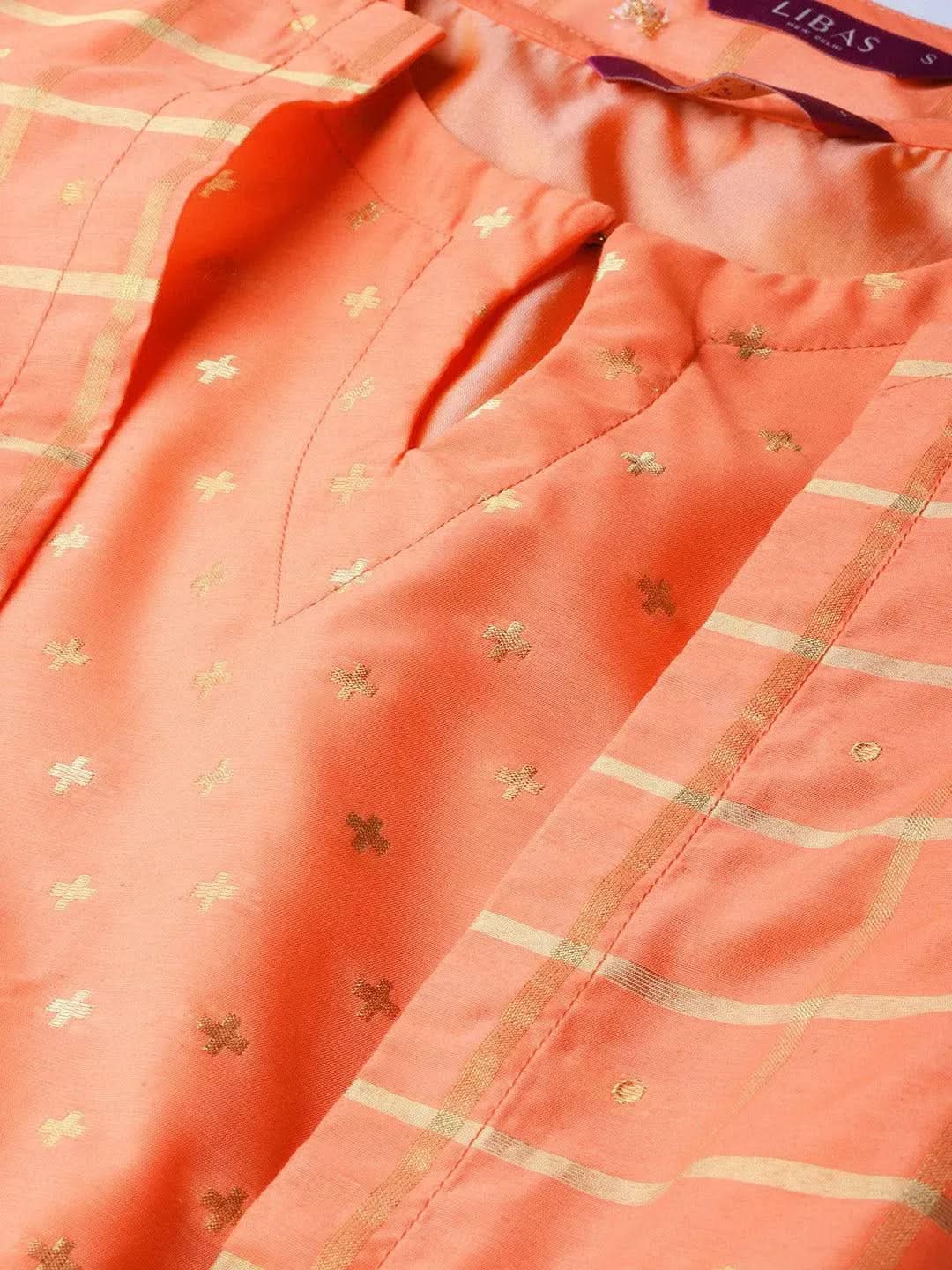Libas Orange Self Design Chanderi Dress With Jacket