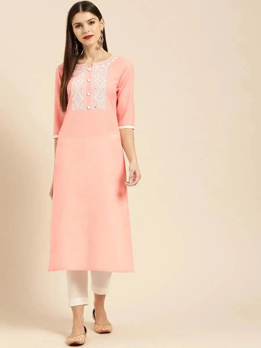 Libas Peach Embroidered Cotton Kurta