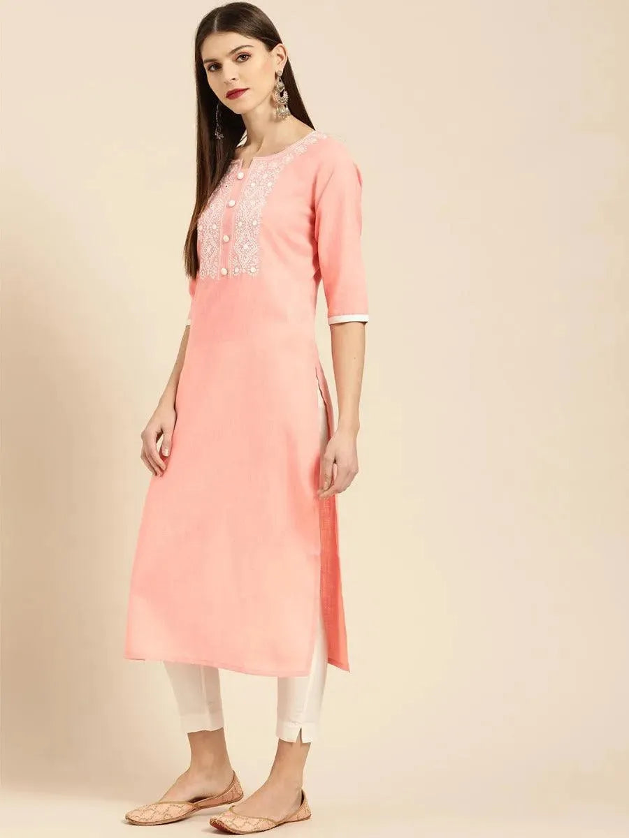 Libas Peach Embroidered Cotton Kurta