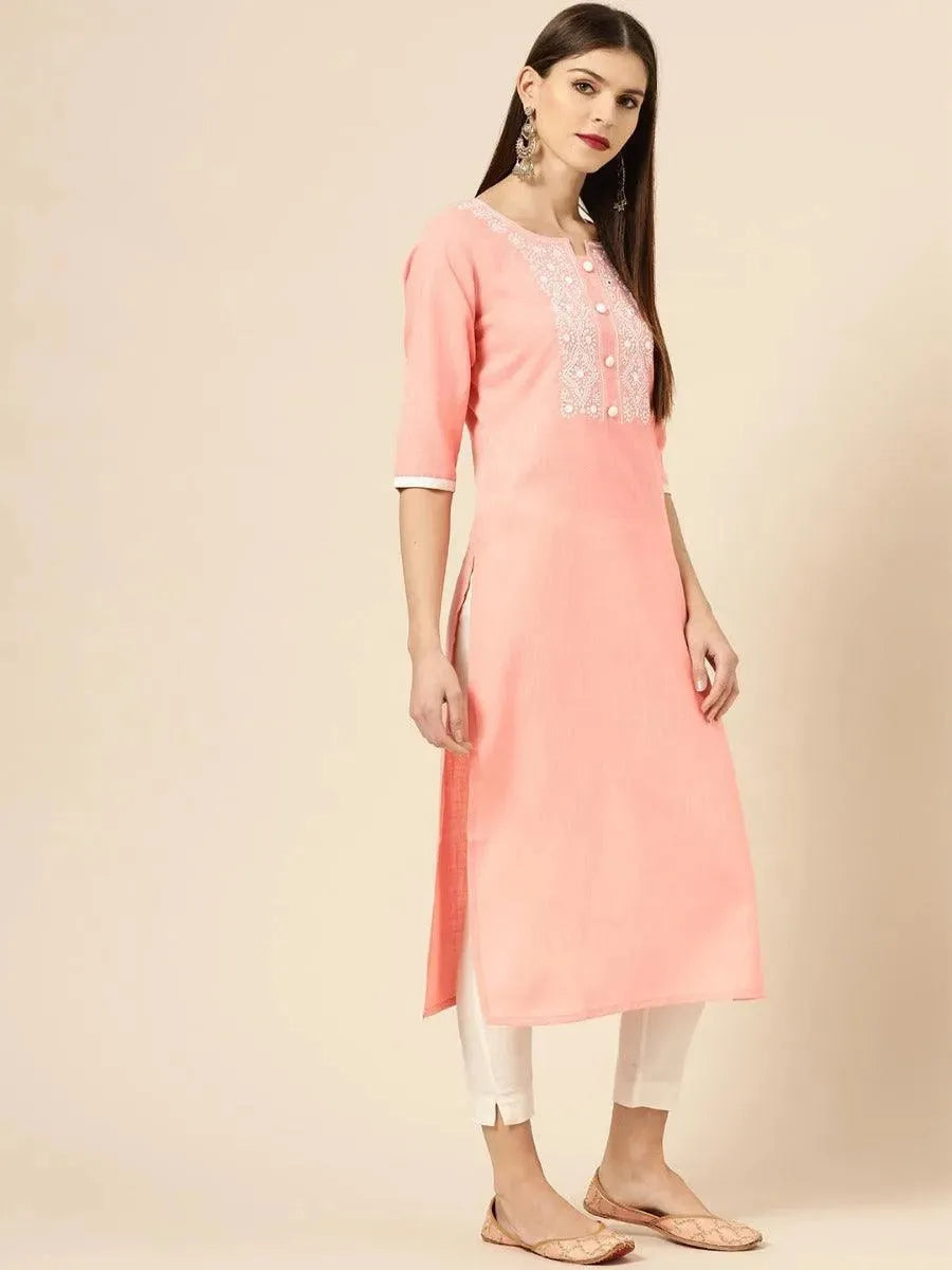 Libas Peach Embroidered Cotton Kurta