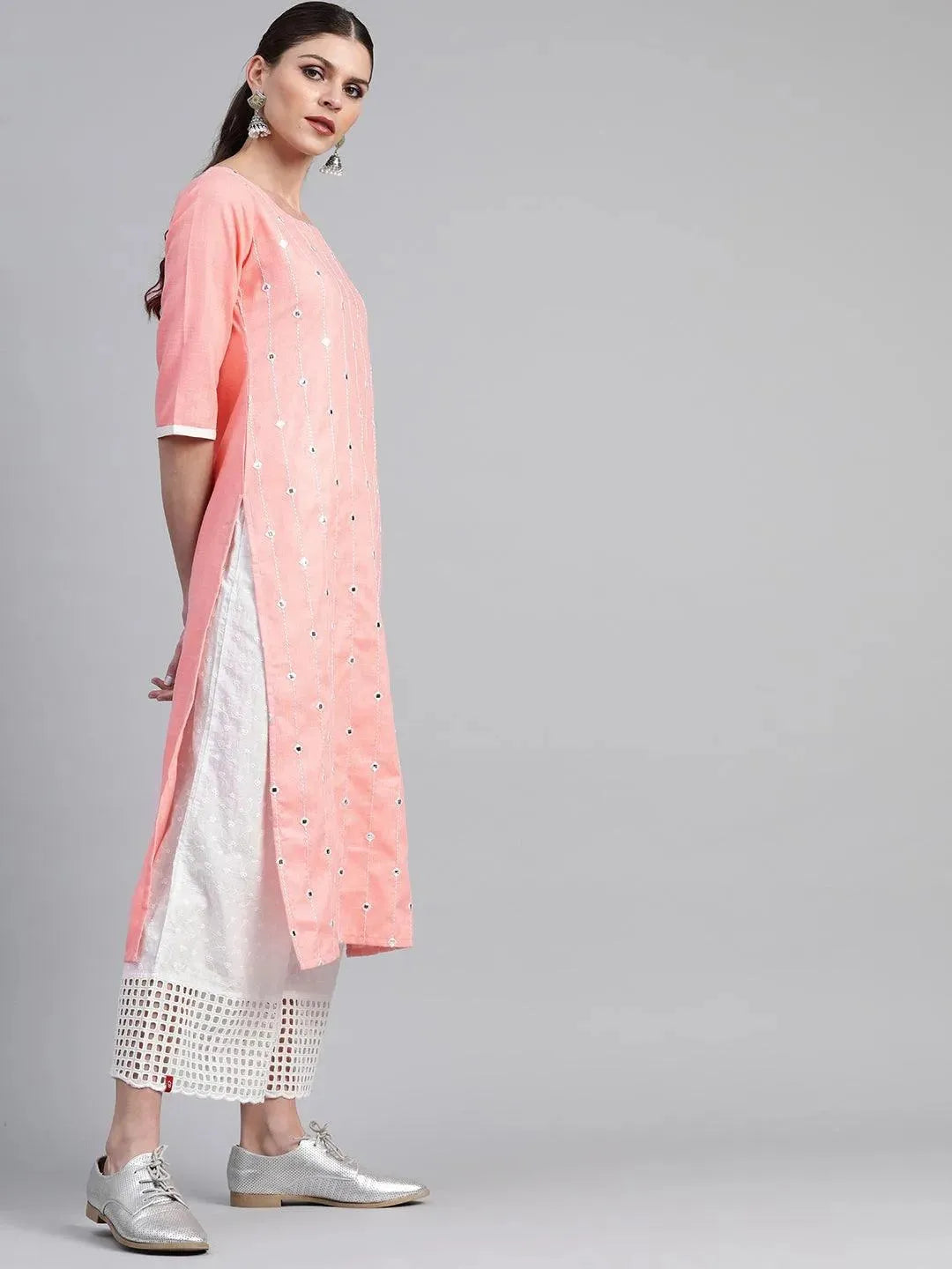 Libas Peach Mirror Work Cotton Kurta