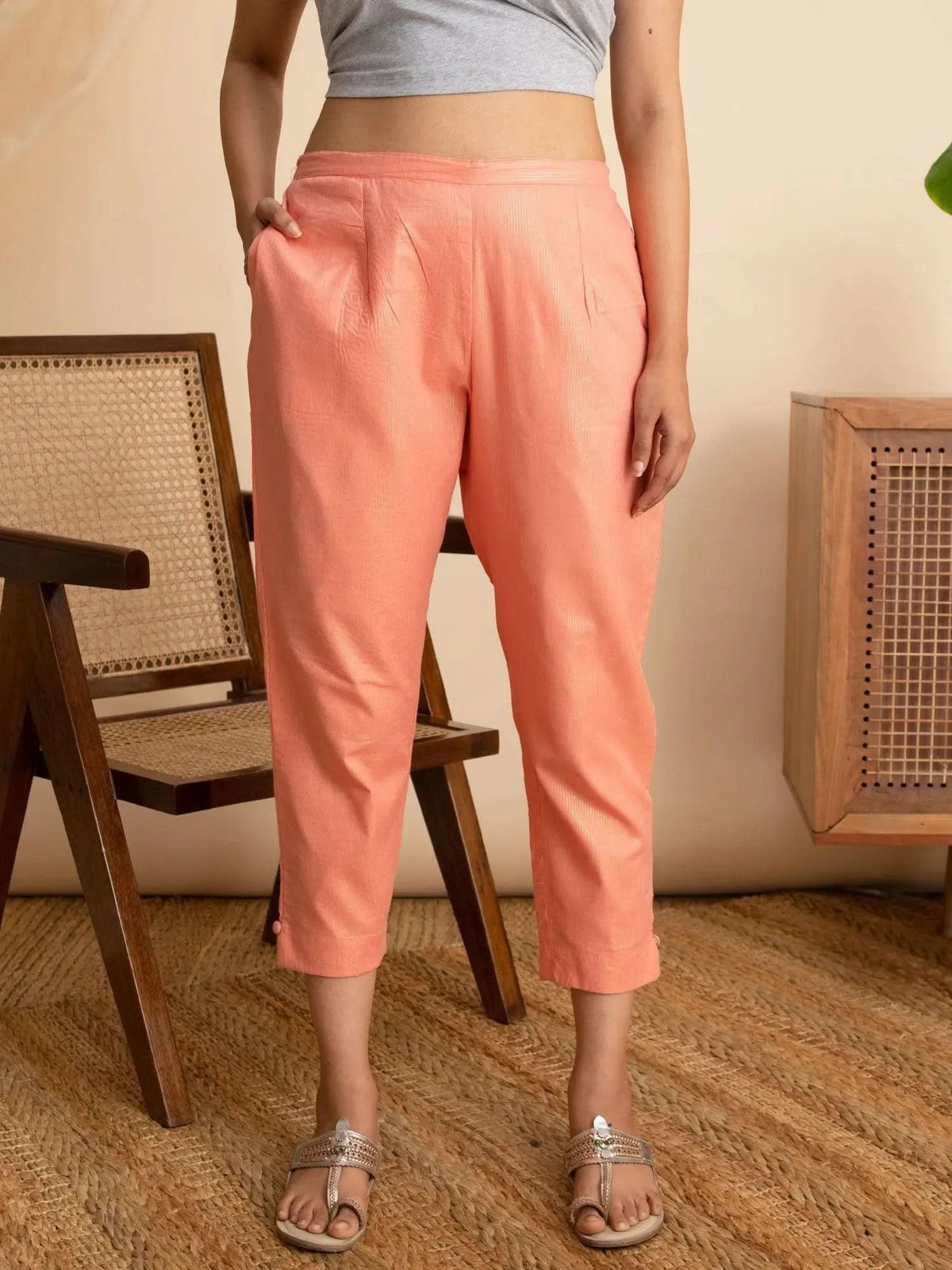 Libas Peach Self Design Cotton Trousers