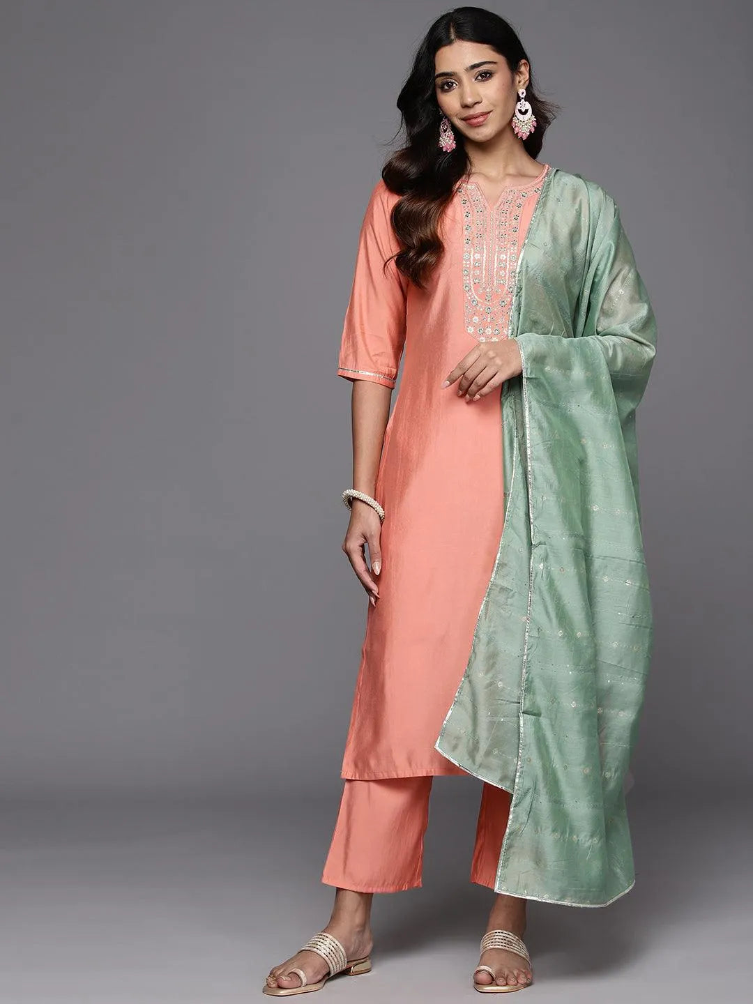 Gerua Peach Yoke Design Silk Blend Straight Suit With Dupatta