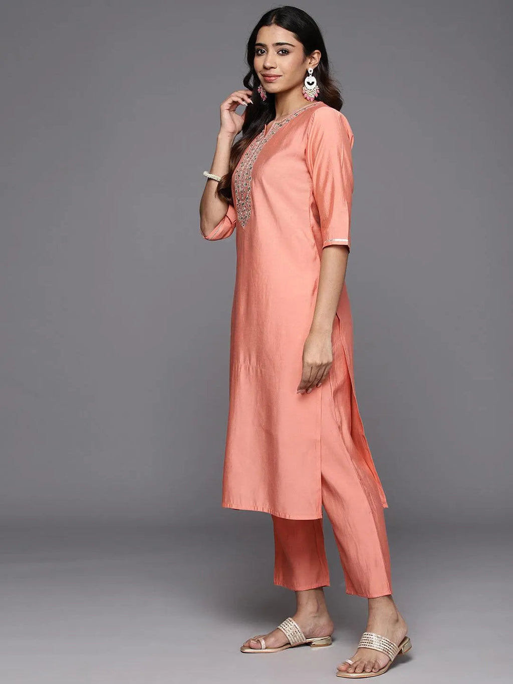 Gerua Peach Yoke Design Silk Blend Straight Suit With Dupatta