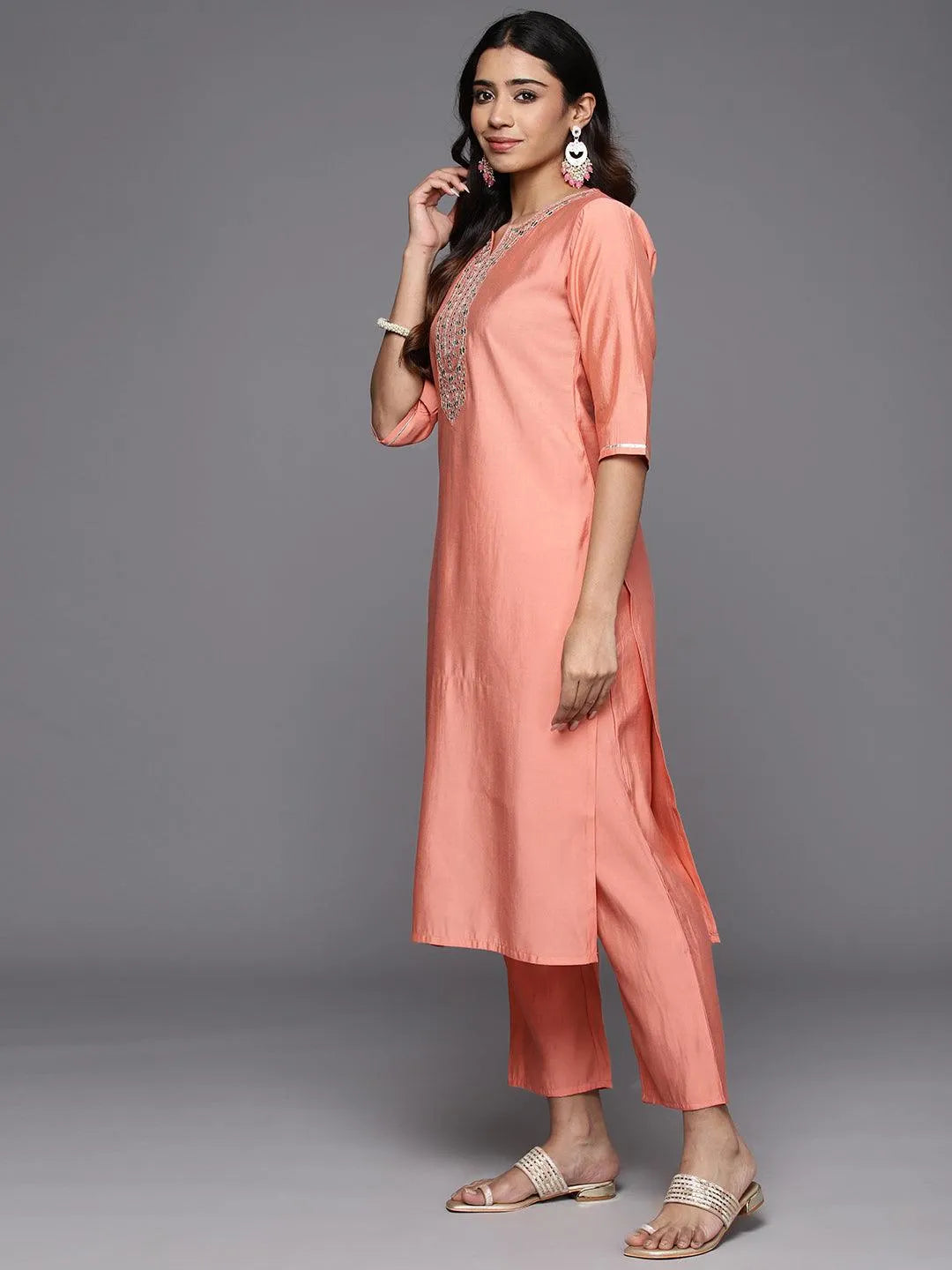 Gerua Peach Yoke Design Silk Blend Straight Suit With Dupatta