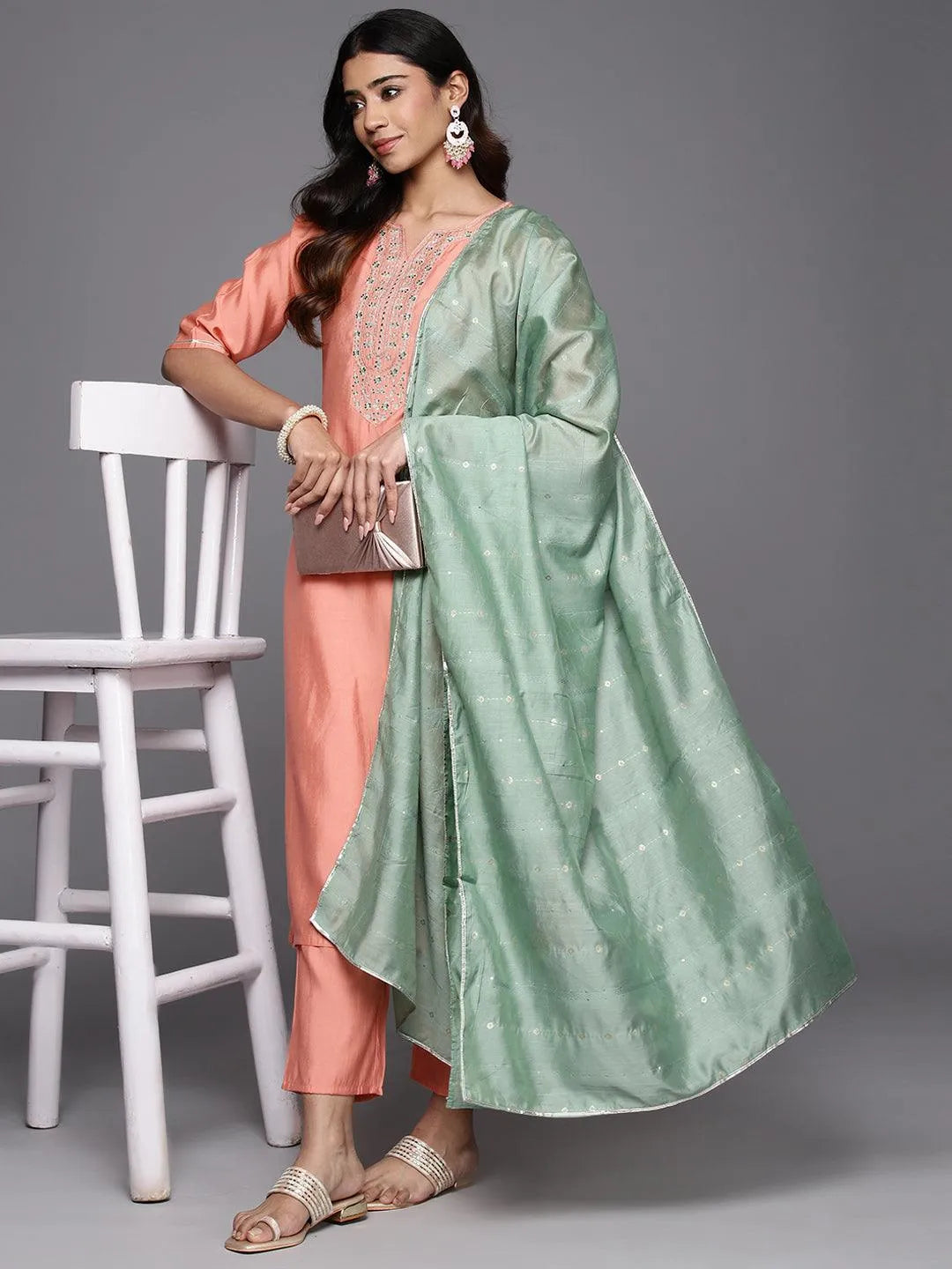 Gerua Peach Yoke Design Silk Blend Straight Suit With Dupatta