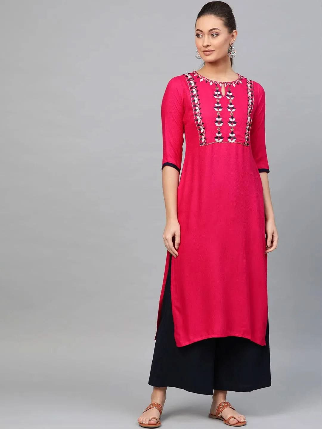 Libas Pink Embroidered Rayon Kurta