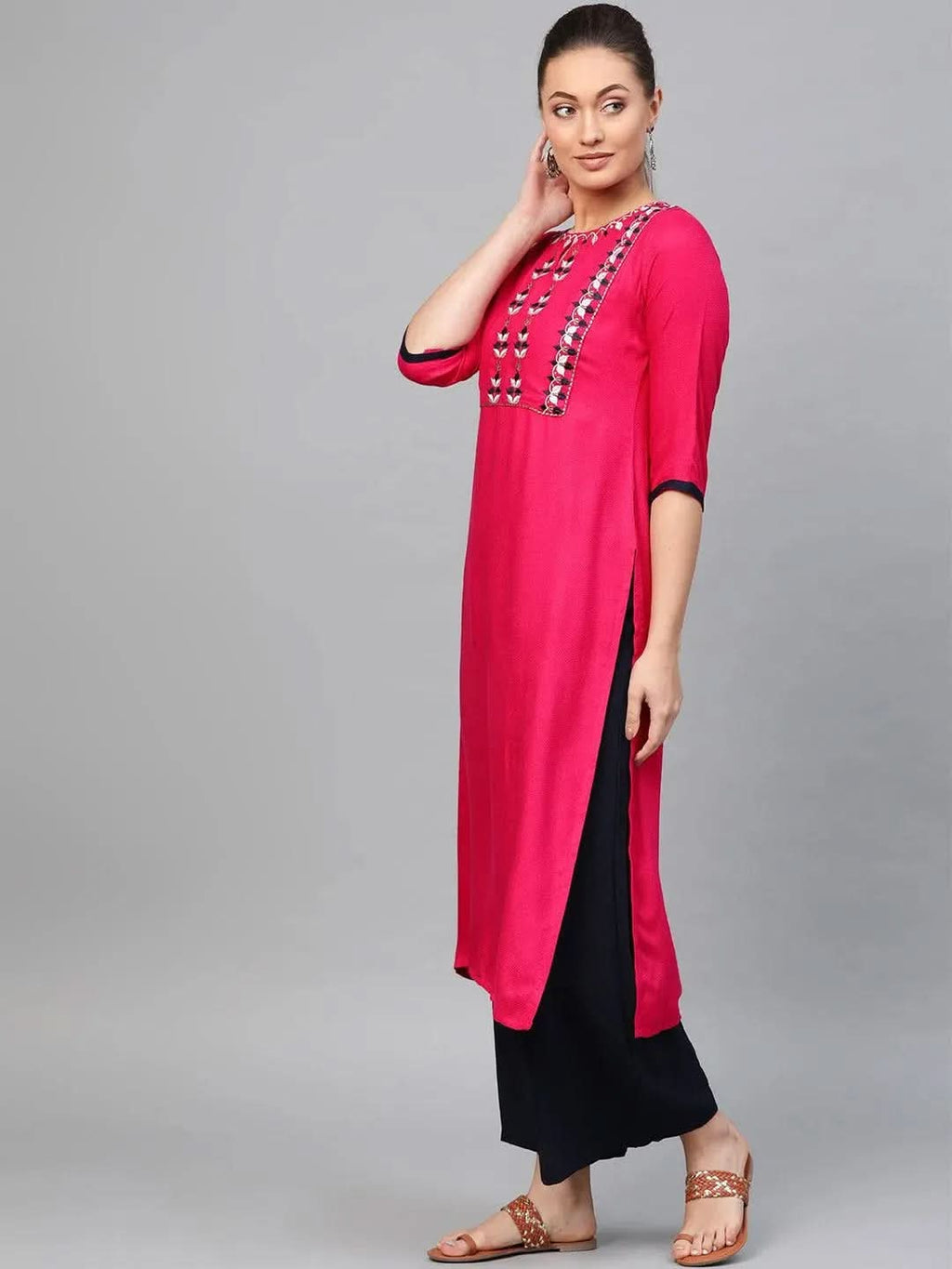 Libas Pink Embroidered Rayon Kurta