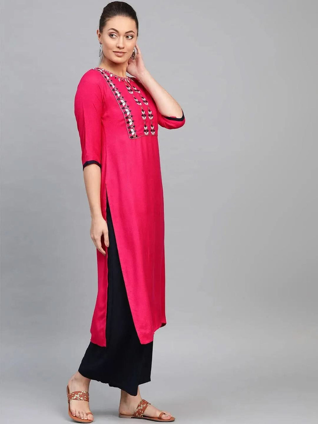 Libas Pink Embroidered Rayon Kurta