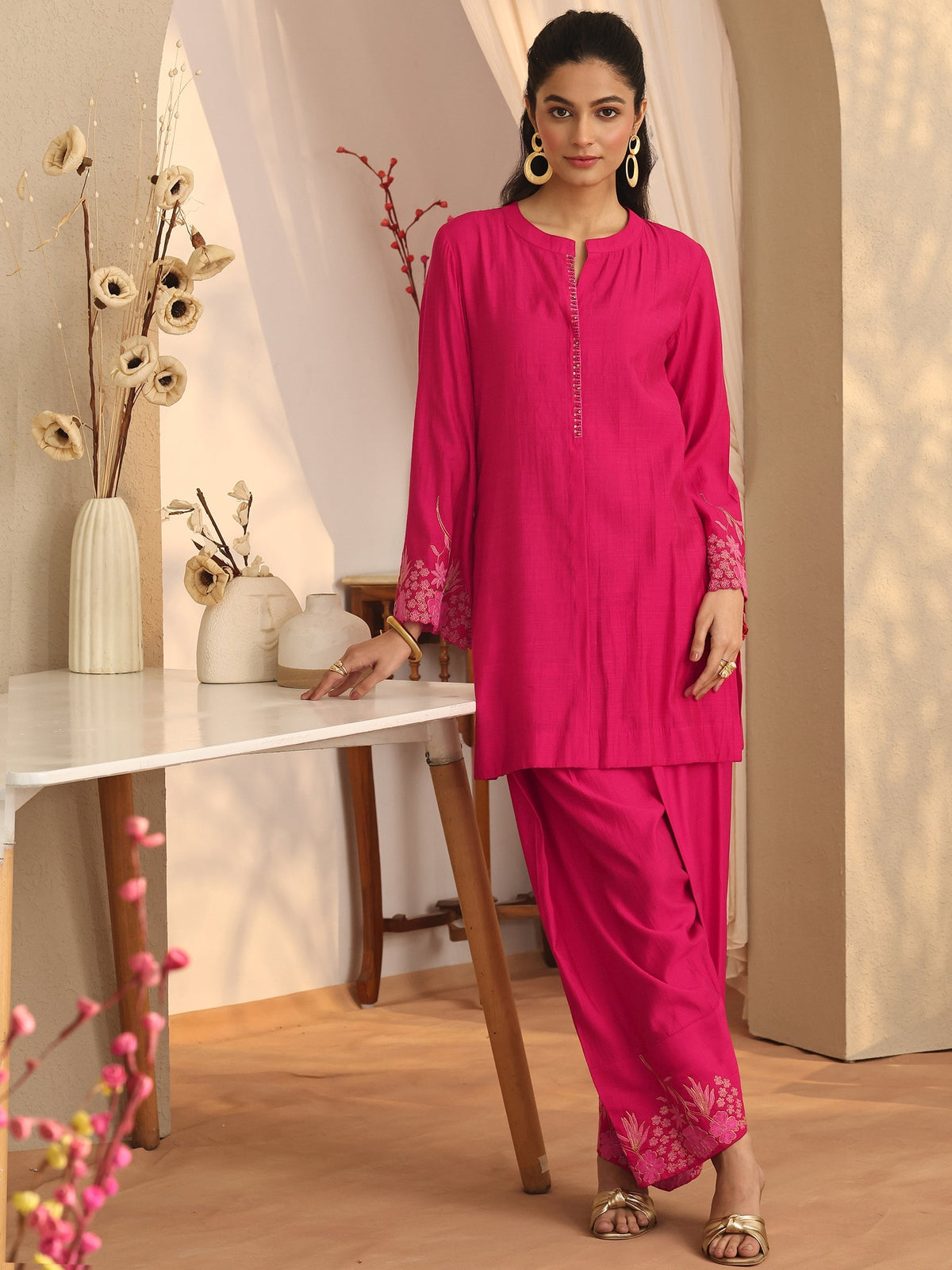 Libas Pink Embroidered Silk Blend Co-Ord Sets