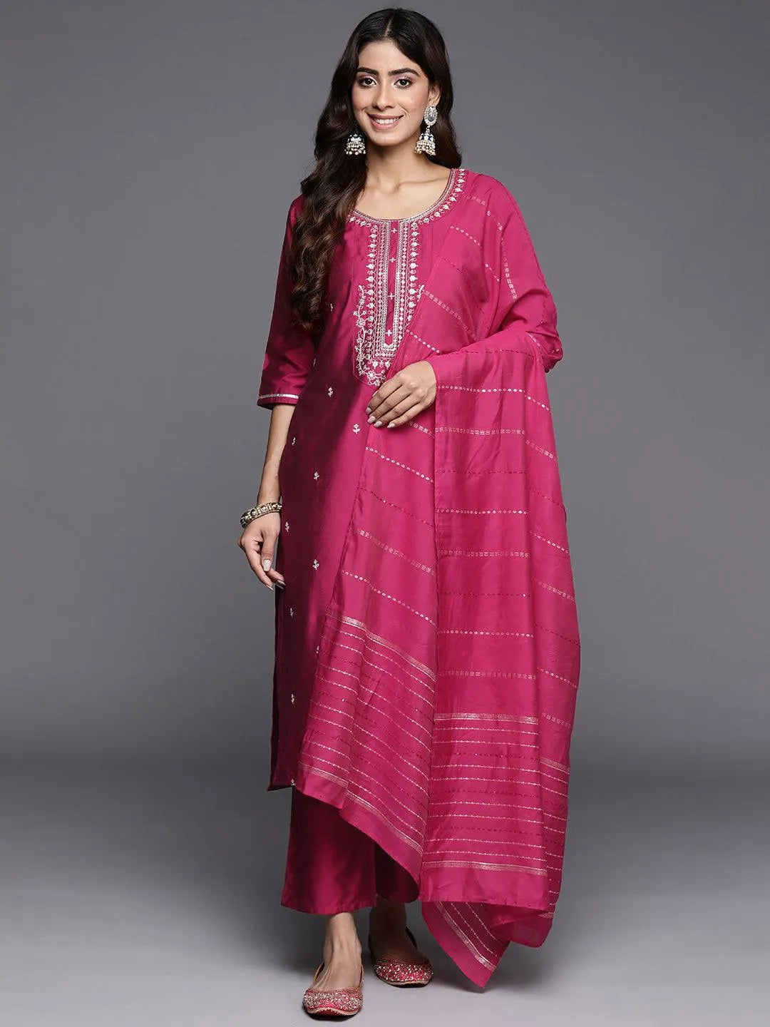 Gerua Pink Embroidered Silk Blend Straight Suit With Dupatta