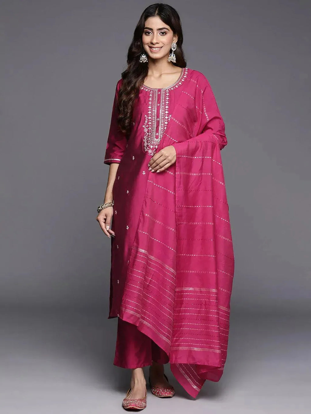 Gerua Pink Embroidered Silk Blend Straight Suit With Dupatta