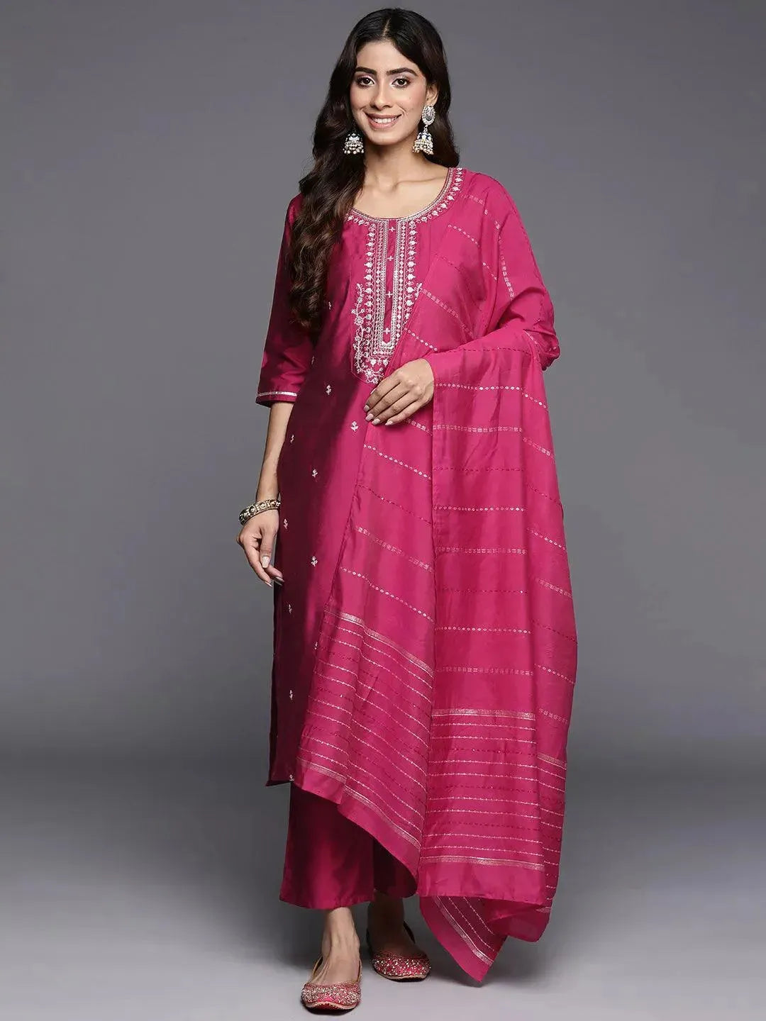 Gerua Pink Embroidered Silk Blend Straight Suit With Dupatta