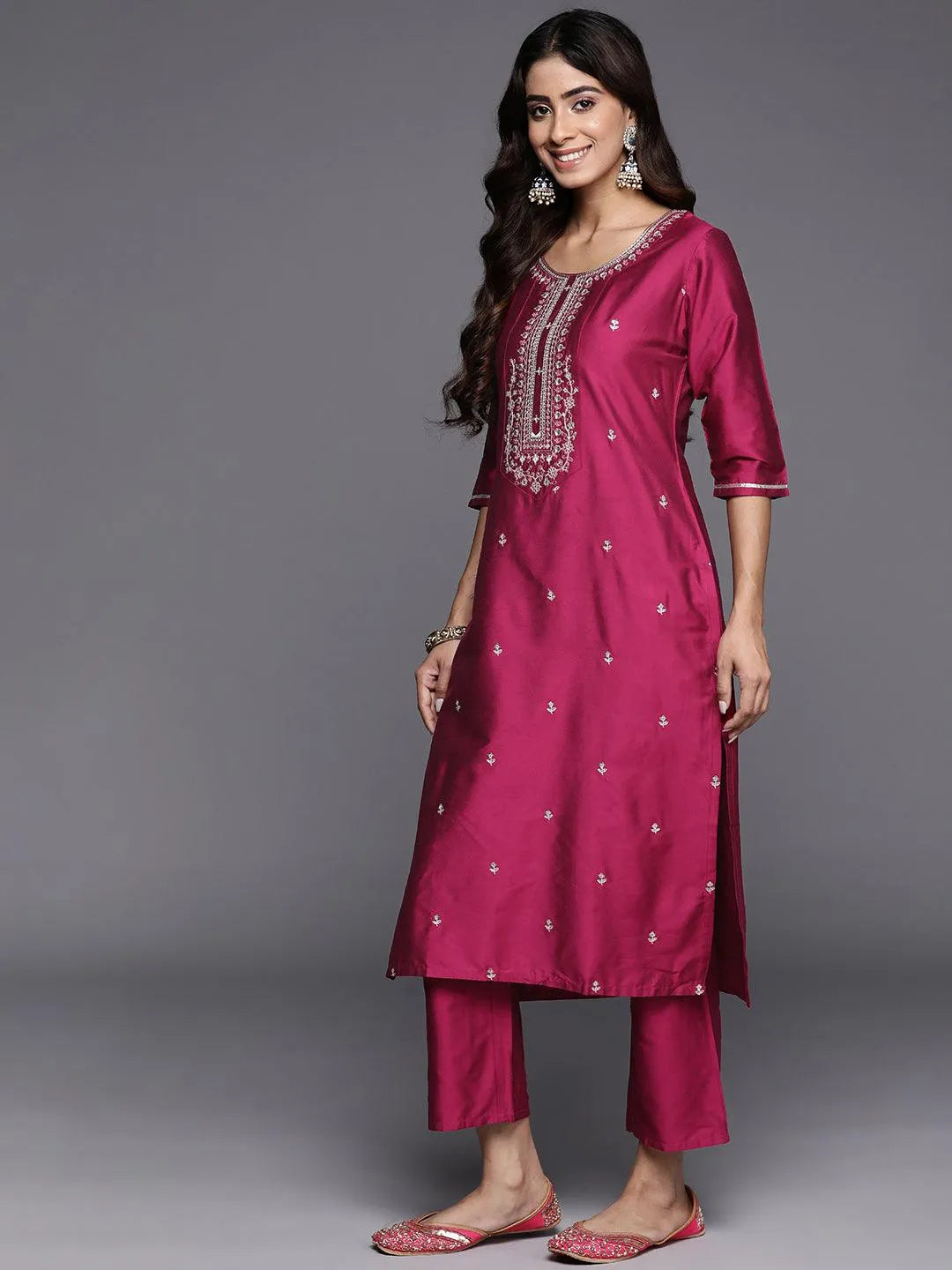 Gerua Pink Embroidered Silk Blend Straight Suit With Dupatta