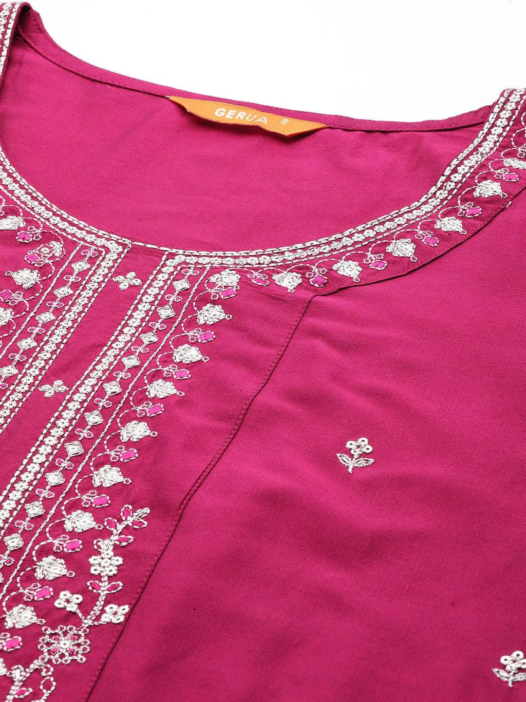 Gerua Pink Embroidered Silk Blend Straight Suit With Dupatta