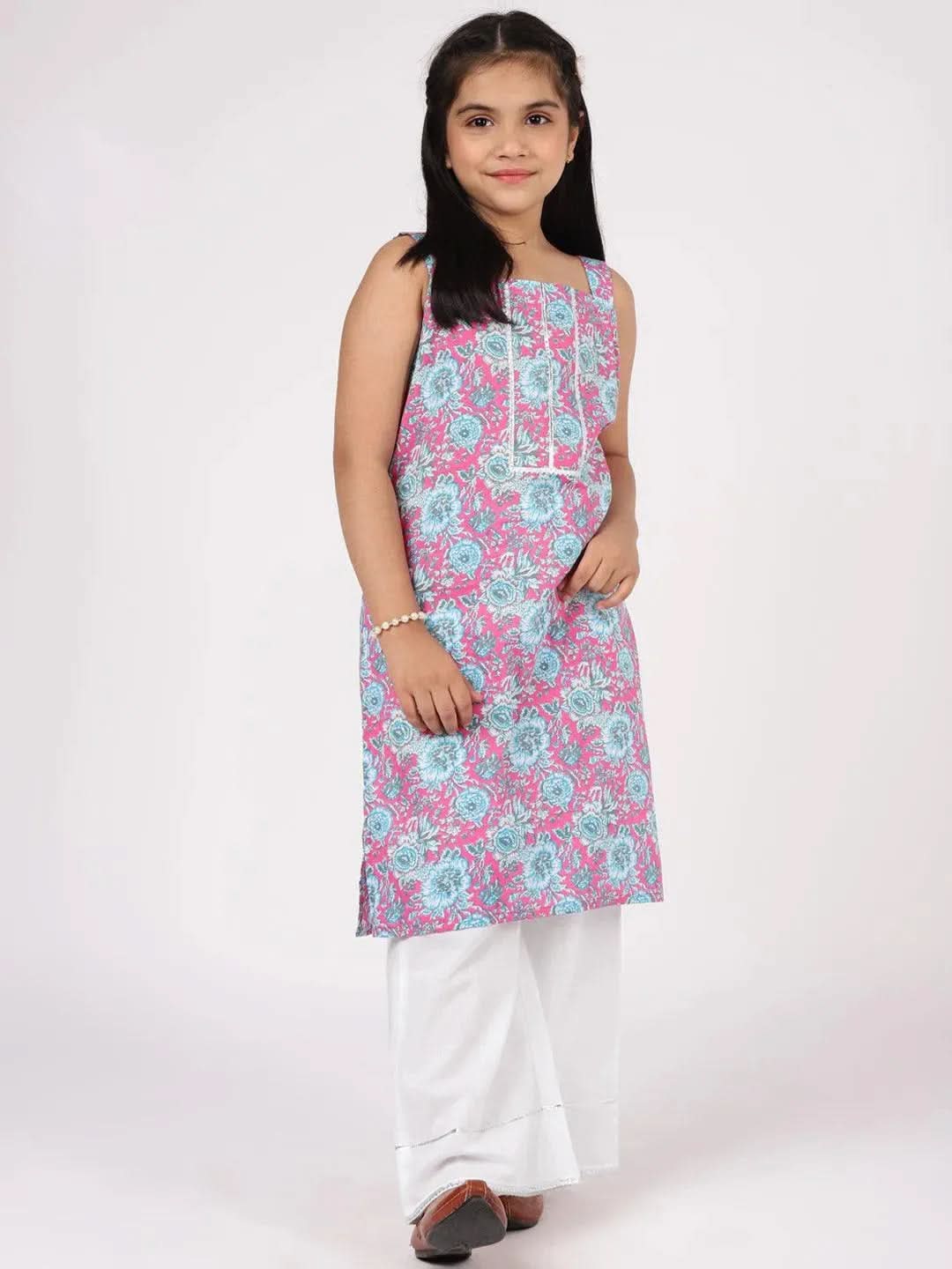 Kids Pink Printed Cotton Straight Kurta With Palazzos