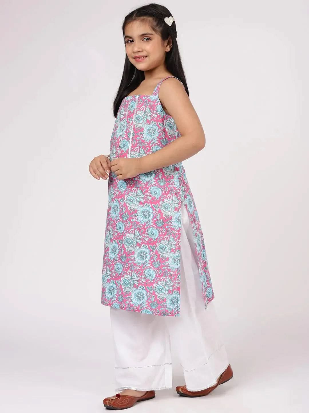 Kids Pink Printed Cotton Straight Kurta With Palazzos