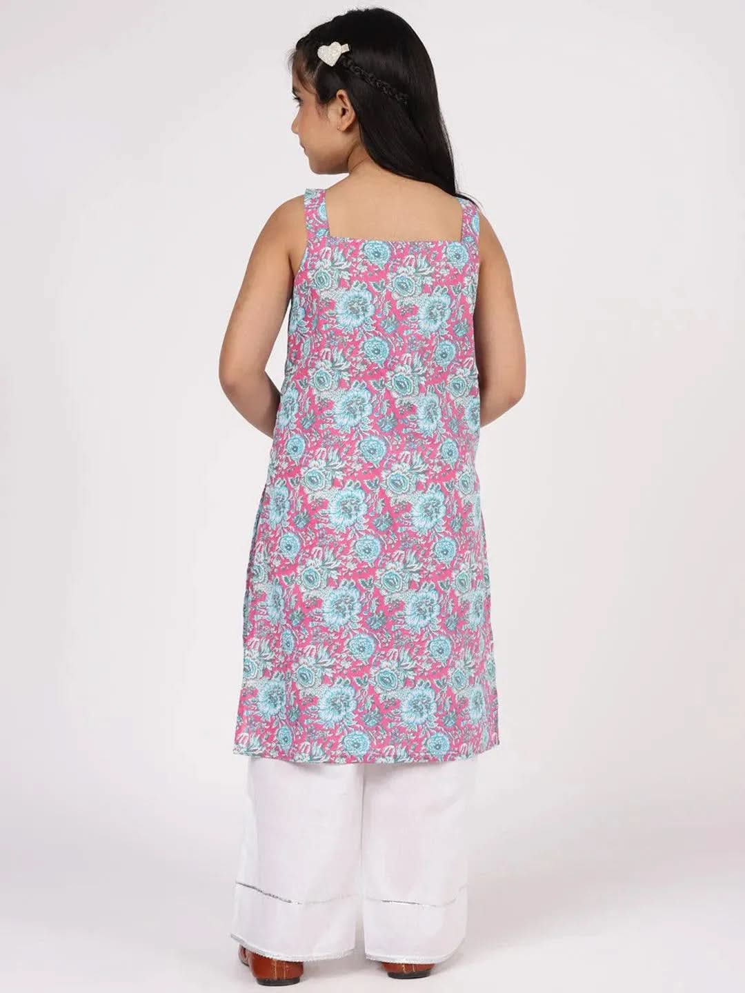Kids Pink Printed Cotton Straight Kurta With Palazzos