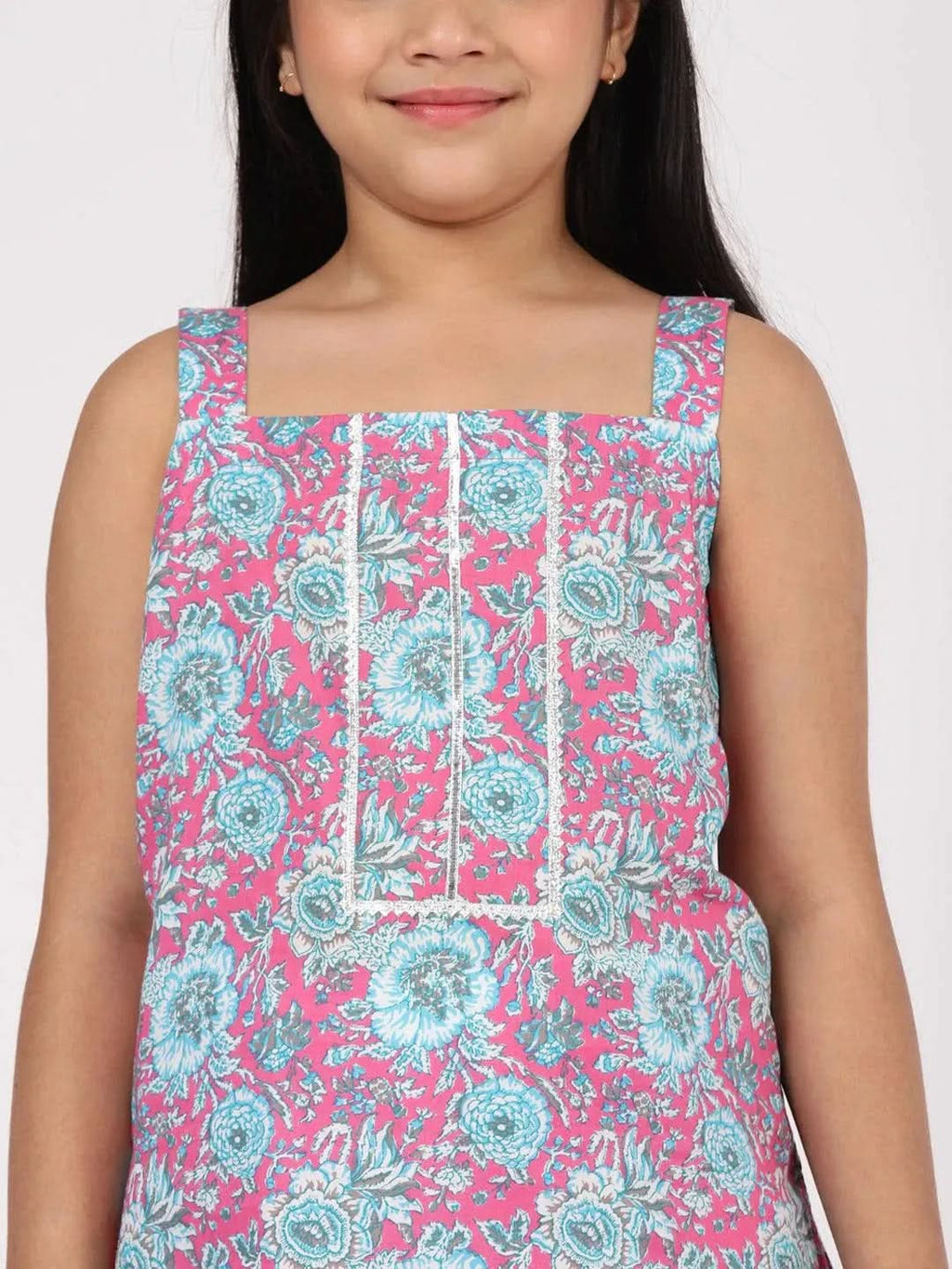Kids Pink Printed Cotton Straight Kurta With Palazzos