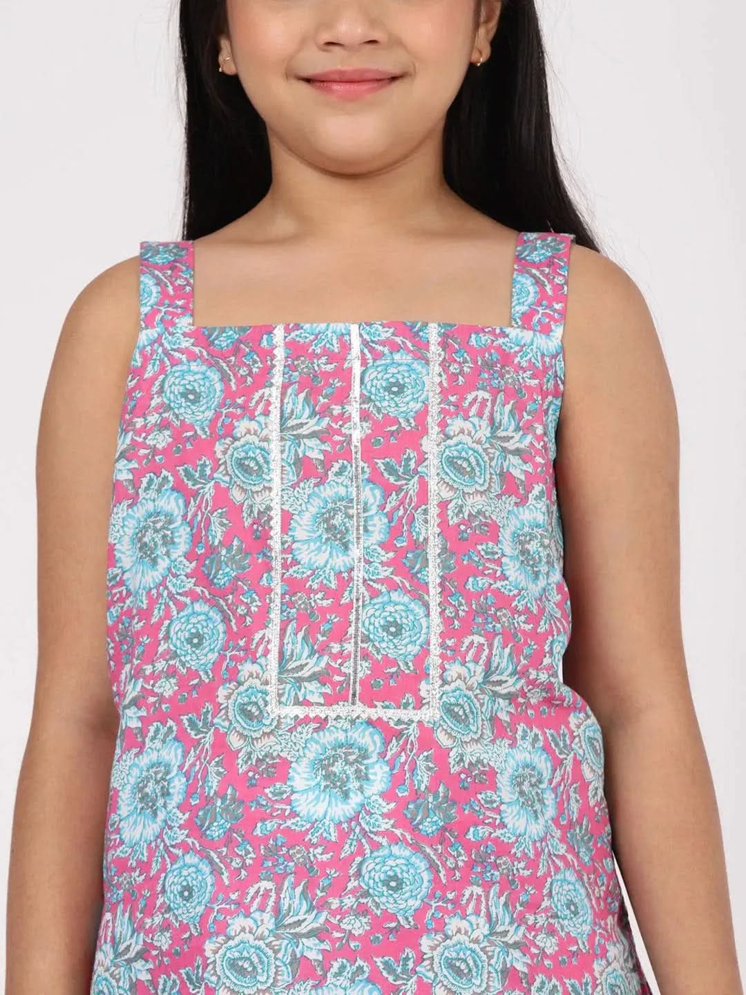 Kids Pink Printed Cotton Straight Kurta With Palazzos