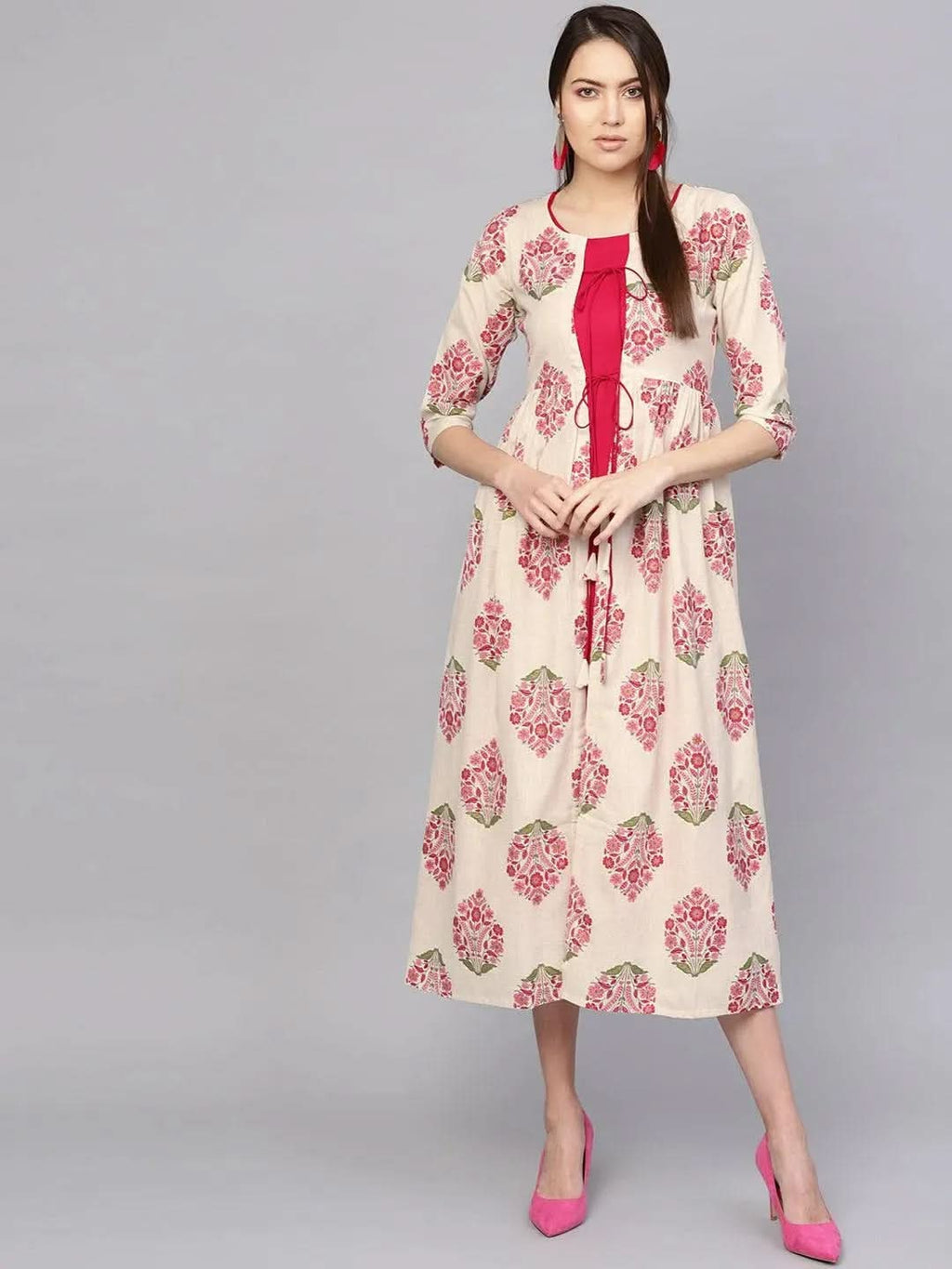 Libas Pink Printed Rayon Dress With Jacket