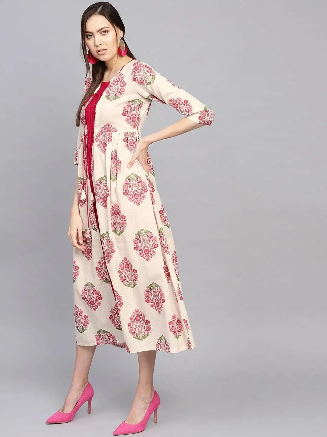 Libas Pink Printed Rayon Dress With Jacket