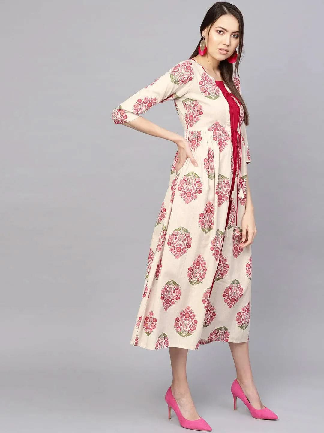 Libas Pink Printed Rayon Dress With Jacket