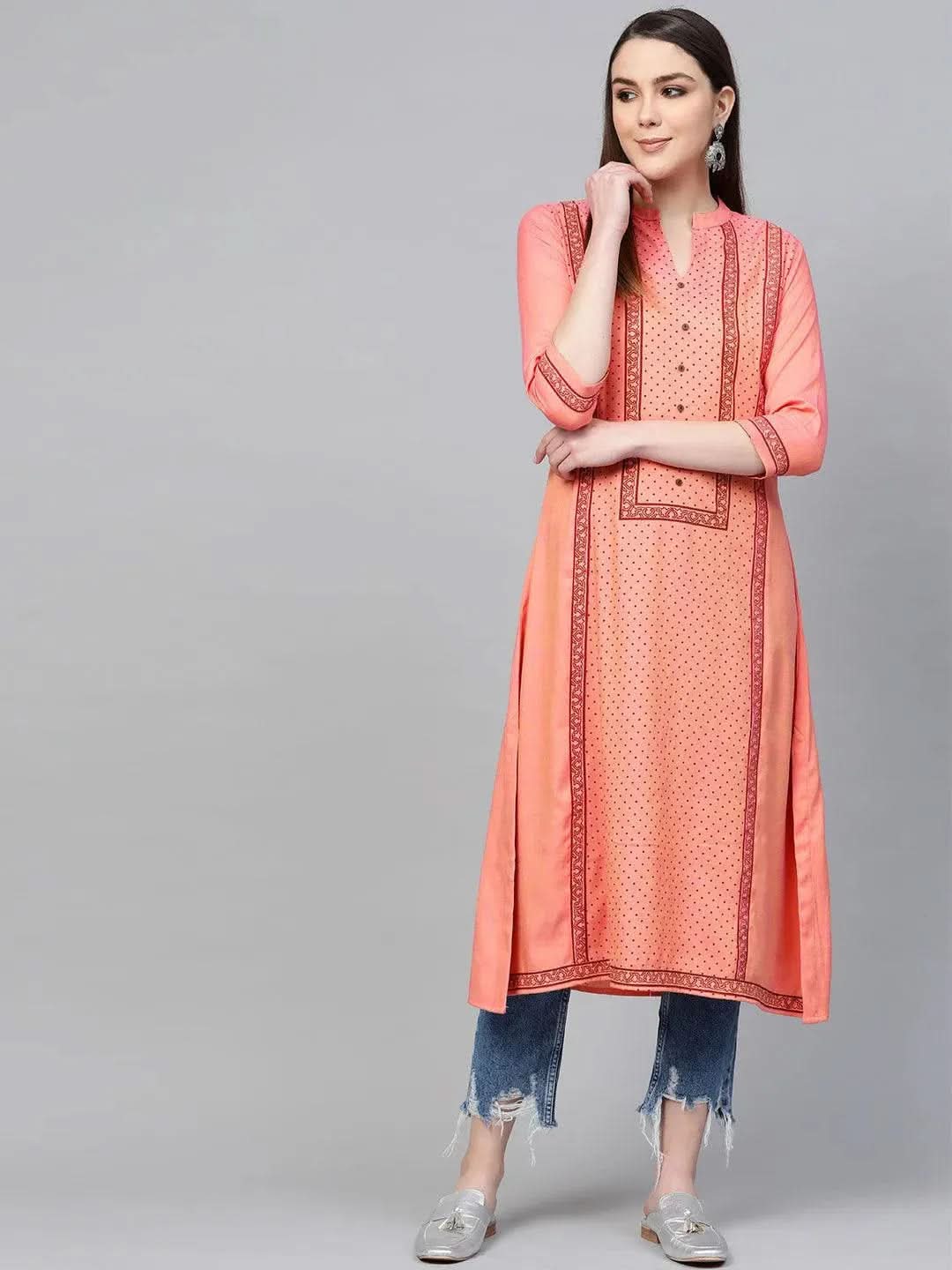 Libas Pink Printed Rayon Kurta