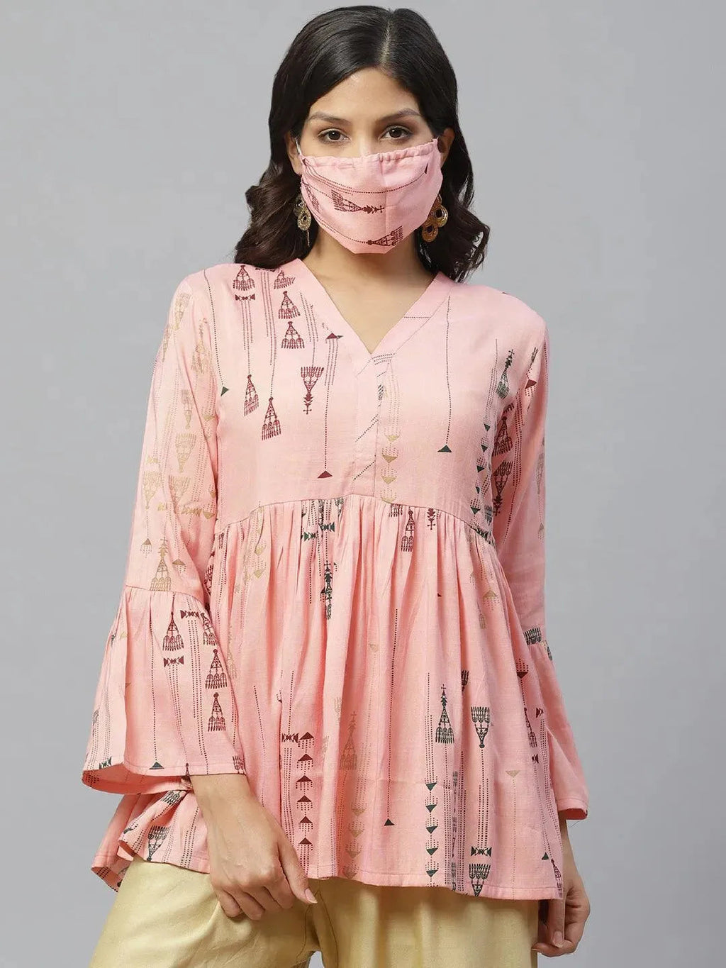 Libas Pink Printed Rayon Kurti With Mask