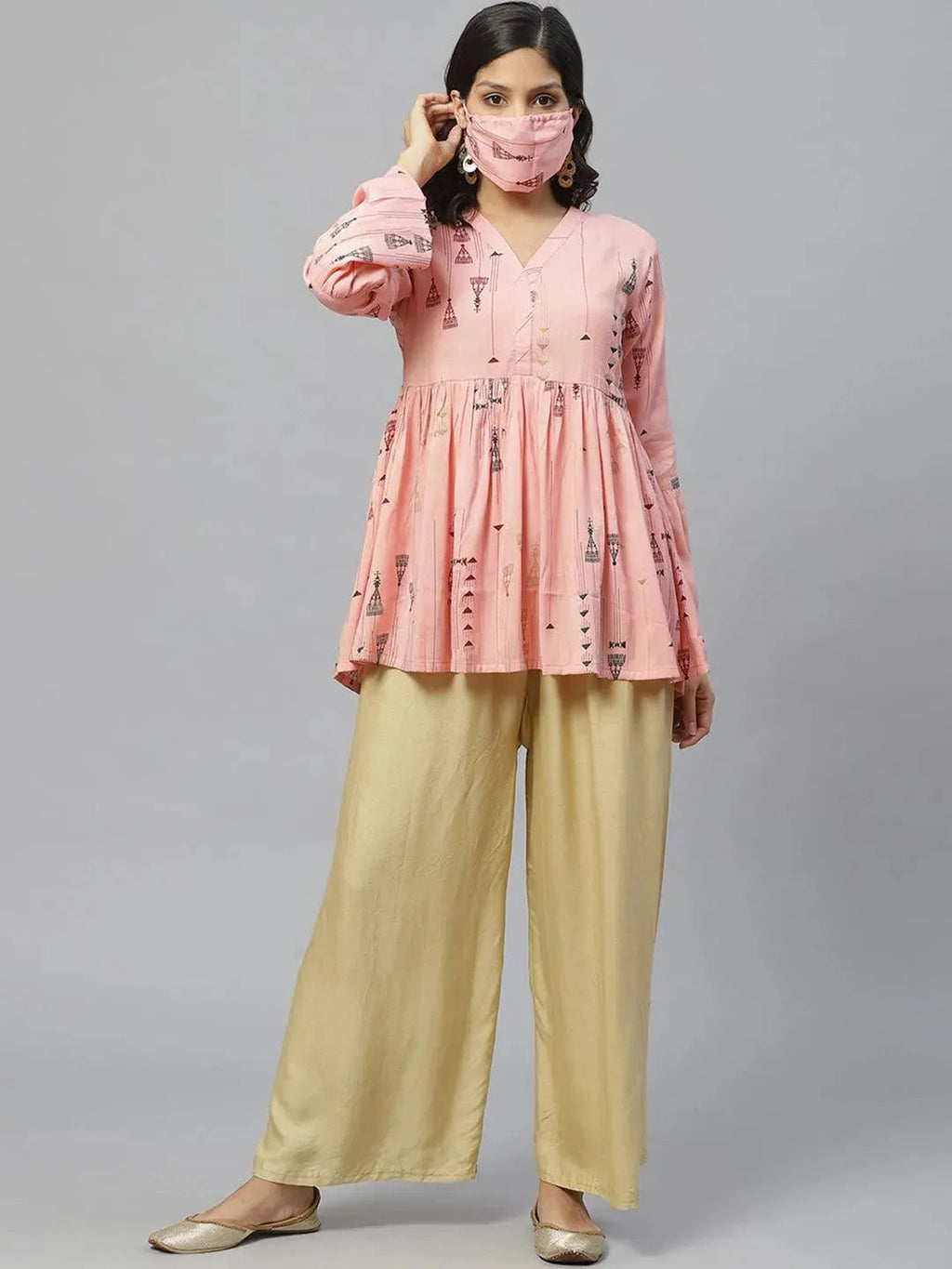 Libas Pink Printed Rayon Kurti With Mask