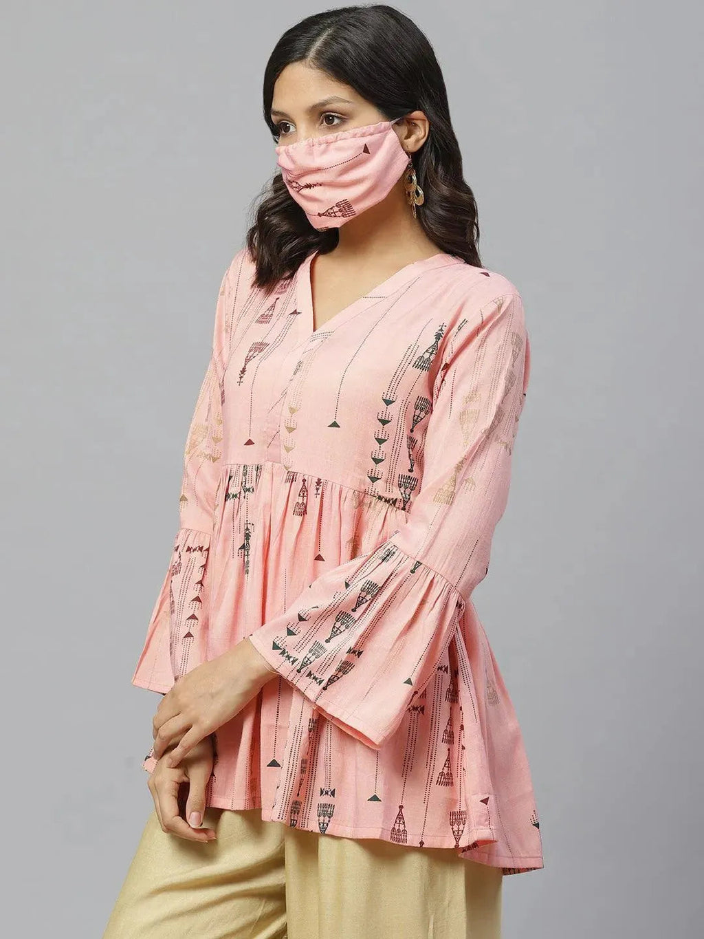 Libas Pink Printed Rayon Kurti With Mask