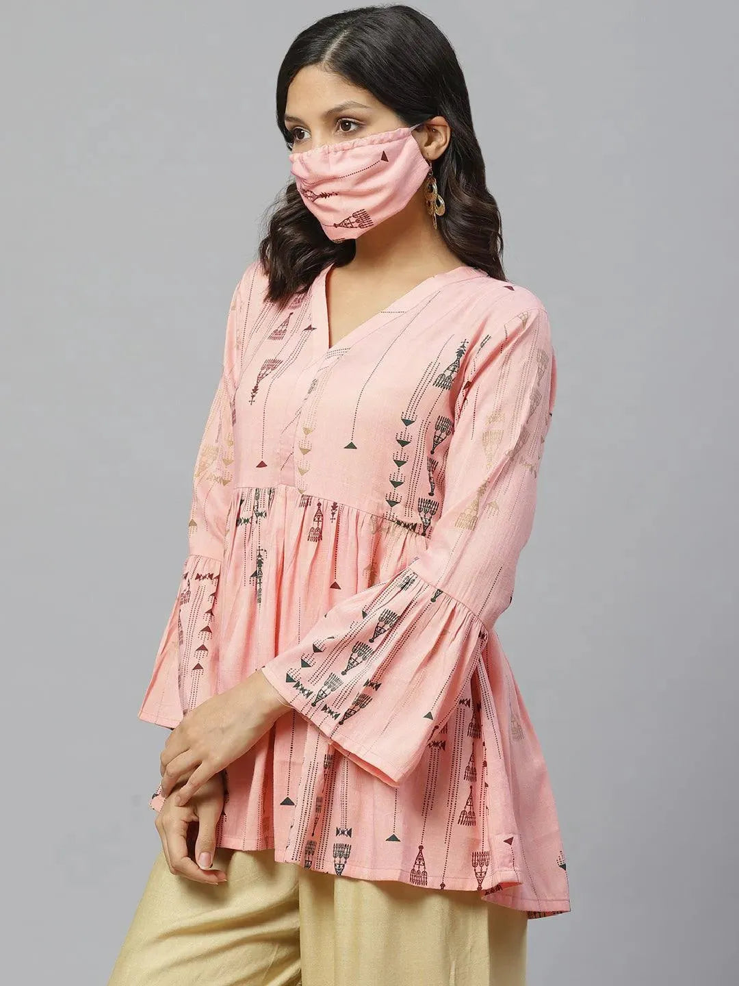Libas Pink Printed Rayon Kurti With Mask
