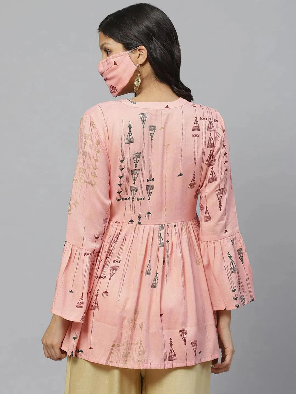 Libas Pink Printed Rayon Kurti With Mask