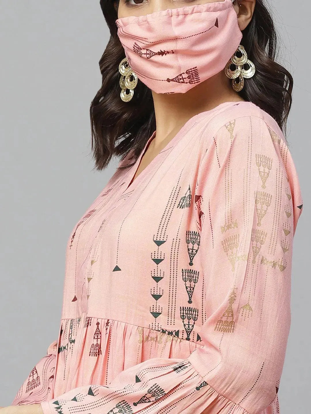 Libas Pink Printed Rayon Kurti With Mask