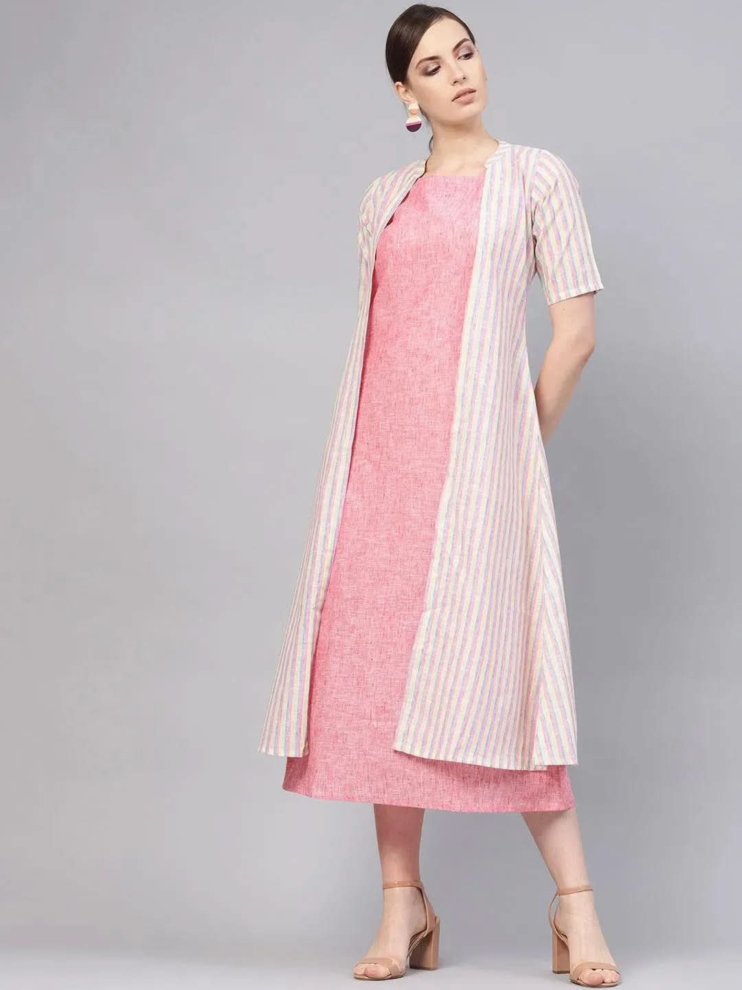 Libas Pink Solid Cotton Dress With Jacket